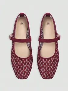 Women's Fashion Square Toe Casual Party Office Slip-On Breathable Woven Hollow Out Mesh Comfort Flat Shoes