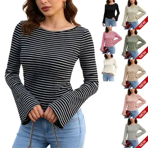 WoodBerry Women's High-Stretch Long Sleeve Shirts 2026 Spring Casual Boat Neck Bell Sleeve Crop Going Out Tops Side Ribbed Ruched Y2K Clothes