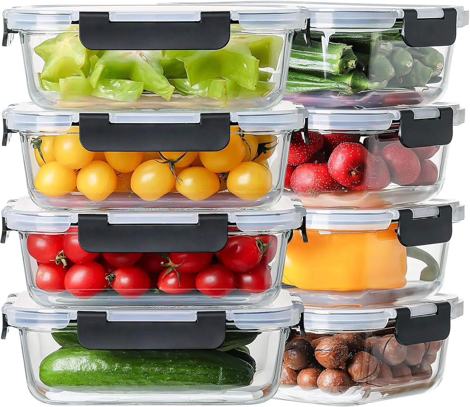 8 Pack 36oz Large Glass Meal Prep Containers with lids, Glass Food Storage Containers with Leak Proof Snap Lock Lids , Airtight Bento lunch Boxes, Kitchen Storage, Oven, Freezer and Dishwasher Safe Utensils
