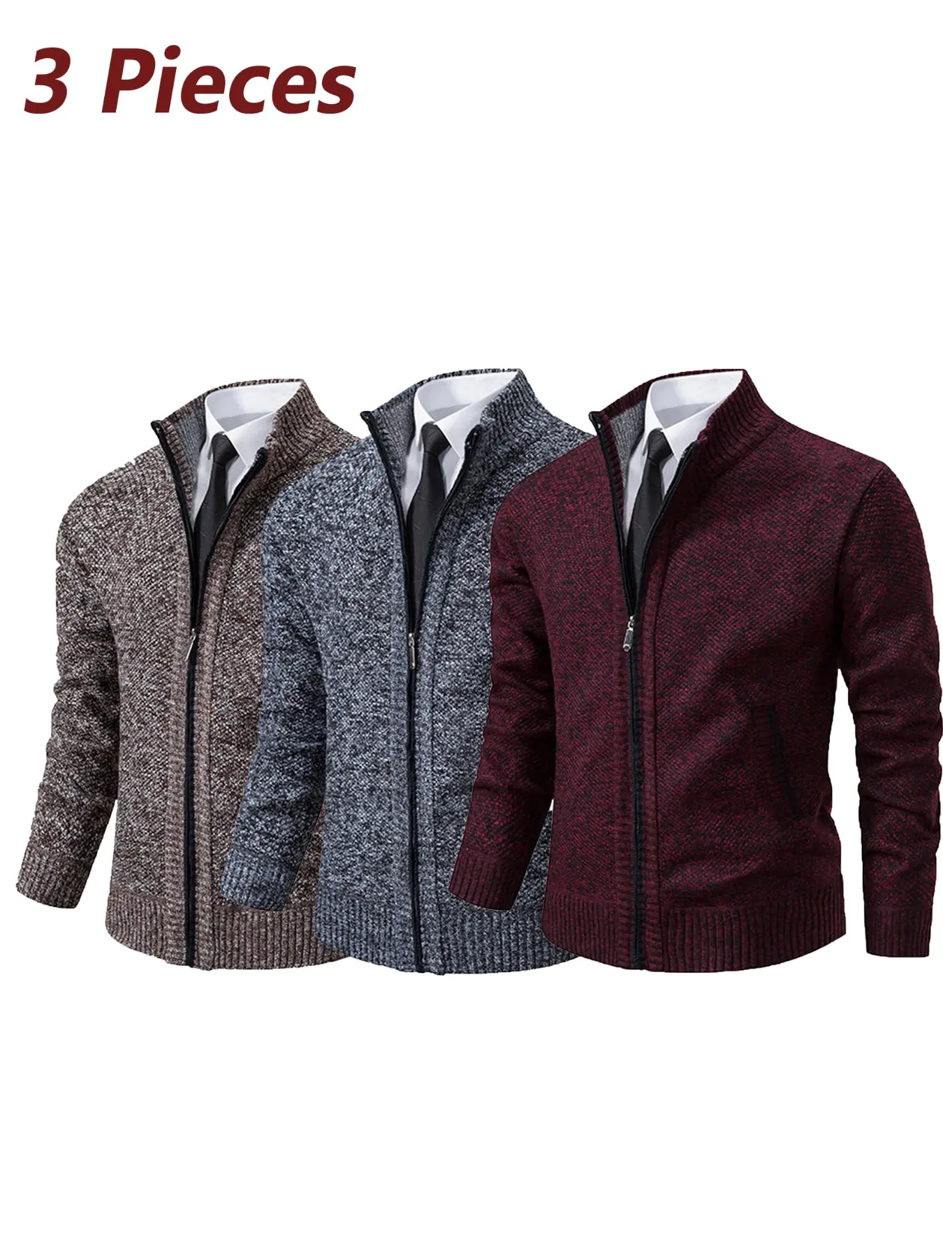 Three-Piece Fall/winter Men's Stand Collar Zip Knit Sweater Jacket, Casual, Soft Comfortable, Slim Fit, Thick Warm, Pocket Design, Durable Fabric, Long Sleeve