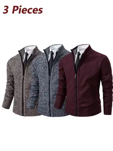 Three-Piece Fall/winter Men's Stand Collar Zip Knit Sweater Jacket, Casual, Soft Comfortable, Slim Fit, Thick Warm, Pocket Design, Durable Fabric, Long Sleeve