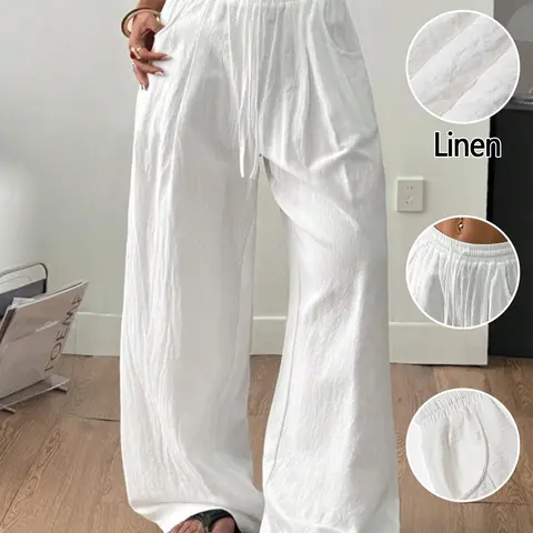 Women's Summer, Breathable Linen Palazzo Pants Boho Flowy Solid Color Wide Leg Beach With Pocket Casual Elastic High Waist Travel Vacation Date Brunch Home Work Streetwear Outfit Casual Chic Trousers Breathable Elastic Bottoms, Casual Elastic Waisted