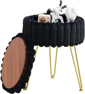 Round Storage Ottoman Modern Vanity Stool with Metal Legs Faux Fur Upholstery Cushioned Footstool for Extra Seating Small Side Table Footrest Stool Easy Assembly
