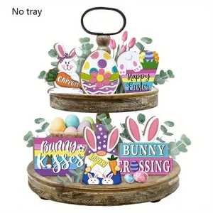 Easter Themed Tiered Tray Decor, 1 Set/10 Sets/15 Sets Cute Cartoon Rabbit &eggs Wooden Signs, Party Decor, Farmhouse Table Decorations for Home Holiday Table Centerpieces, Ornaments [without Tray]