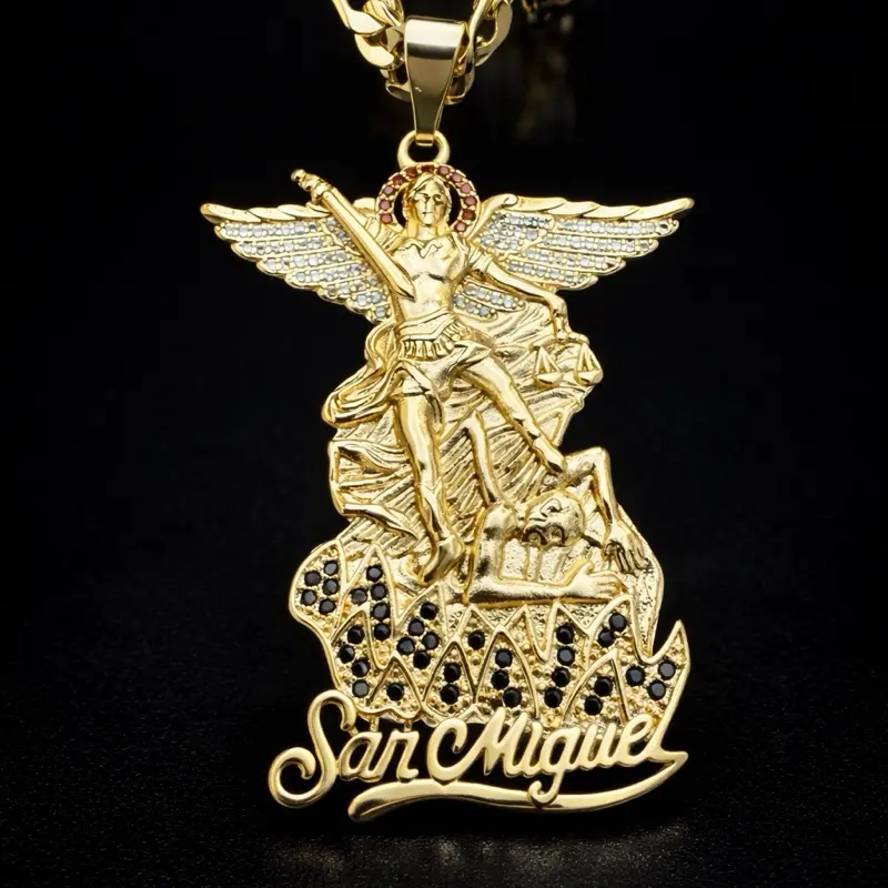 Saint Michael Archangel Religious Pendant Necklace, Crystal-Accented Brass Base with 4mm Width Figaro Chain, 18in & 24in Options for Casual Wear & All Occasions, Black Bling Crystal, Figaro Links