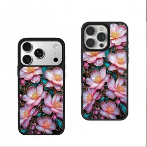 Pink Gold Floral Electroplated Blade Glass Phone Case For iPhone 17 Pro Max 16 15 14 13 12 11 PRO PLUS MAX | Electroplated Edge Tempered Glass Protective Cover | Luxury Floral Aesthetic Design #YJDDDFBLKHUA4