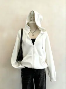 Women's Casual Loose Fit Long Sleeve Hoodie, Lady Vintage Style Zipper Design, Warm Pocketed Sweatshirt for Fall & Winter, Comfortable Daily Wear, Womenswear