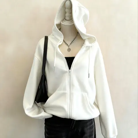 Women's Casual Loose Fit Long Sleeve Hoodie, Vintage Style Zipper Design, Warm Pocketed Sweatshirt for Fall and Winter, Comfortable Daily Wear, Sweatshirts Women, Womenswear