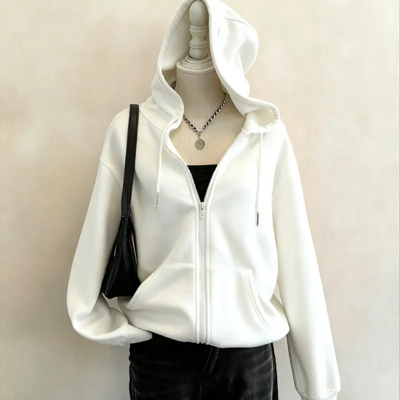 Women's Casual Loose Fit Long Sleeve Hoodie, Vintage Style Zipper Design, Warm Pocketed Sweatshirt for Fall and Winter, Comfortable Daily Wear, Sweatshirts Women, Womenswear