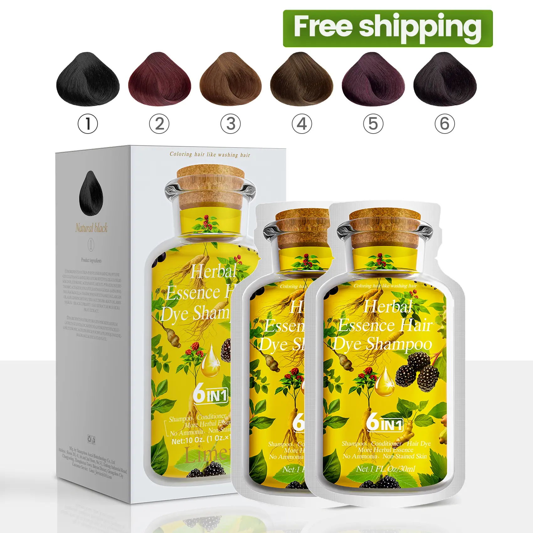 Limer Multi-color Natural 6-in-1 Hair Dye Shampoo Instant Gray Hair Coverage Plant Extract Haircare Herbal Ingredients Long Lasting Tinte de Cabello