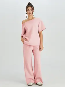 Women's Elegant Sloping Shoulder Short Sleeve Top & Drawstring Waist Wide Leg Trousers Co-ord, Slouchy Solid Color Two Piece Outfits