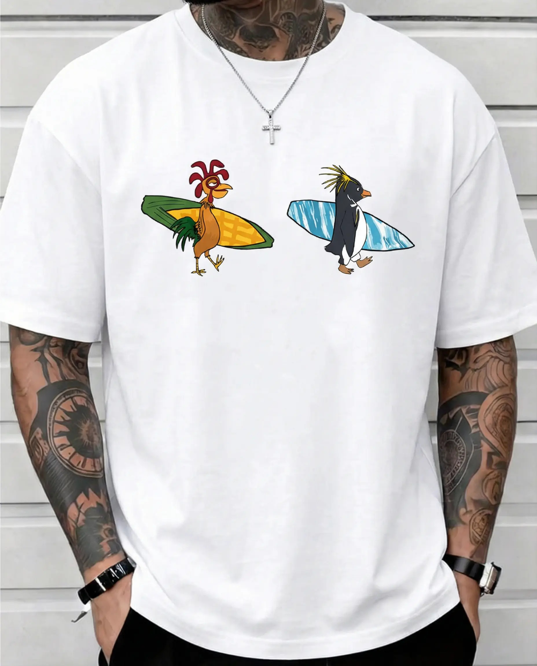 Women's Short-Sleeve Fitted Round Neck Cotton T-Shirt - Retro Cartoon Surfing Penguin & Rooster Print, Summer Beach Vacation Casual Streetwear Skate Aesthetic Unisex Apparel