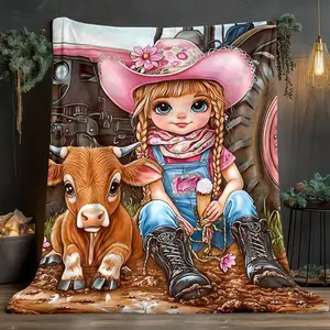 Farmhouse Cow & Pink Truck in Mud Soft Flannel 280gsm All-Season Comfort Blanket Charming Cowboy Girl Design for Bed Sofa Travel Camping Rustic Home Decor Durable Digitally Printed Bedding Accessory