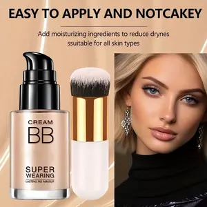 Hydrating Natural Foundation Liquid With Foundation Brush Long Lasting Makeup Waterproof Sweatproof Face BB Cream Oil Control Nourishing Concealer Suitable Beginner Cosmetic
