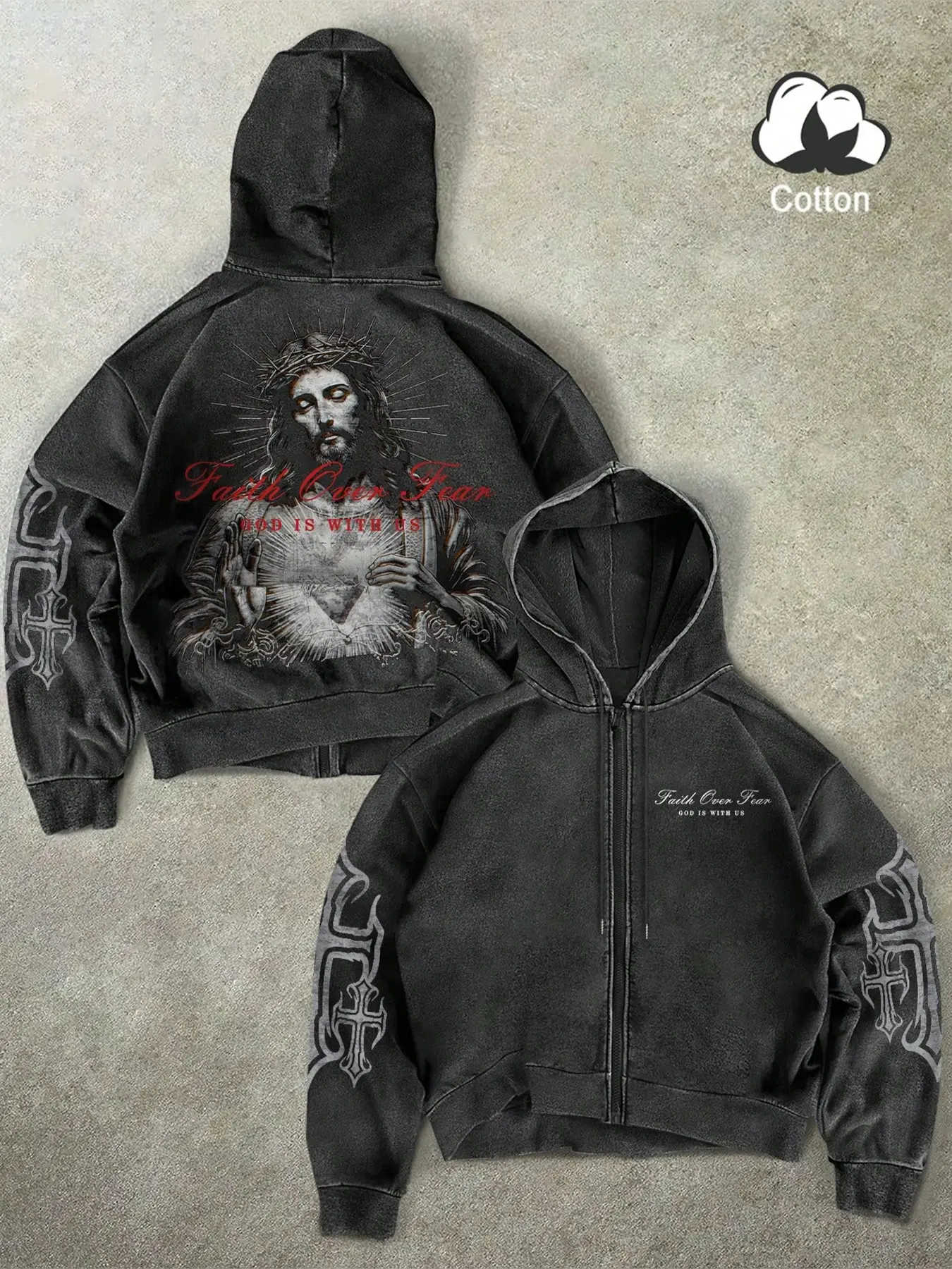 Men's Loose Fit Casual Gothic Faith Graphic Print Long Sleeve Hoodie, Jesus Print, Faith over Fear Slogan, Sleeve Cross Details, Streetwear Style