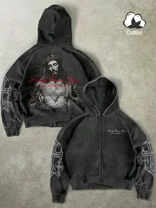 Men's Loose Fit Casual Gothic Faith Graphic Print Hoodie, Jesus Print, Faith over Fear Slogan, Sleeve Cross Details, Streetwear Style
