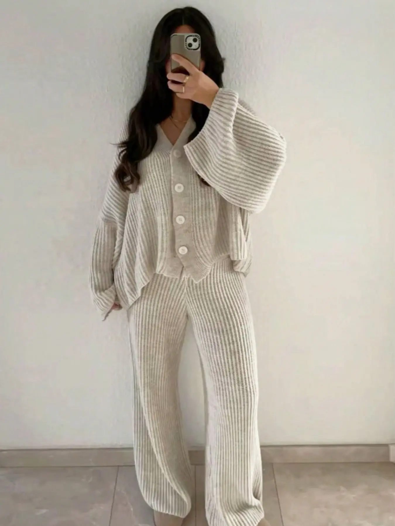 Women's 2-Piece Y2K Matching Set, Long-Sleeve V-Neck Button-Up Knit Top & High-Waisted Wide-Leg Pants, Relaxed-Fit Set for Everyday Wear