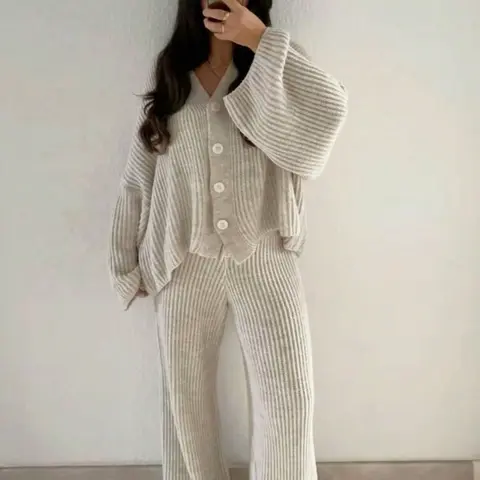 Two-Piece Loose Fit Y2K Elegant Casual, V-Neck Long Sleeve Knit Top, High-Waisted Pants, All Seasons Essential