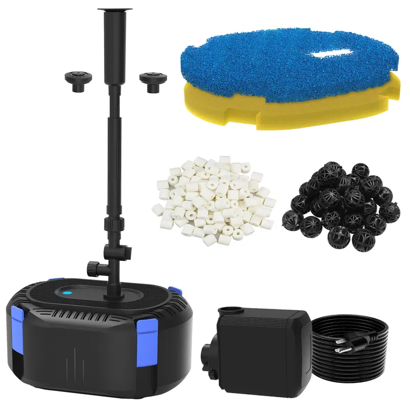AquaMiracle All-in-2 Koi Pond Pump-Filter System - 25-40W Lift Power Pond Pump System, 35W, 4-Layer Filtration Stages, Ceramic Rings Media, 3 Spray Nozzles, Outdoor Fountain Kits, DIY Waterfall for Garden Features