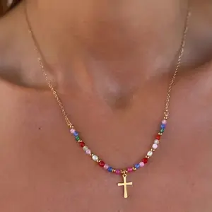 Bohemian Color Beaded Cross Necklace for Women, New Small-Circle Design, Ins Style Collar Chain