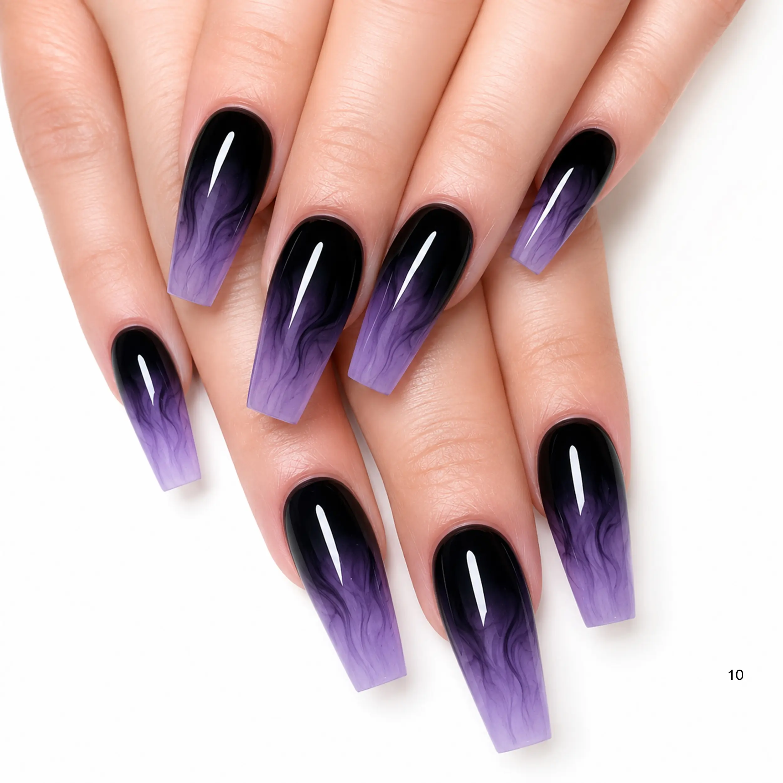 Black to Purple Ombre Press On Nails, Glossy Coffin Fake Nails with Smoky Marble Design, Long Square Acrylic Nail Set, Reusable Full Cover Stick On Nails for Women