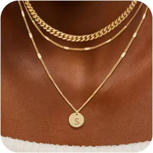 Initial Necklaces for Women Trendy, K Gold Plated Letter Necklace Stack Round Coin Disc Pendant Layered Choker Cuban Chain A-Z Gold Necklace Personalized Jewelry Gift Sets for Women