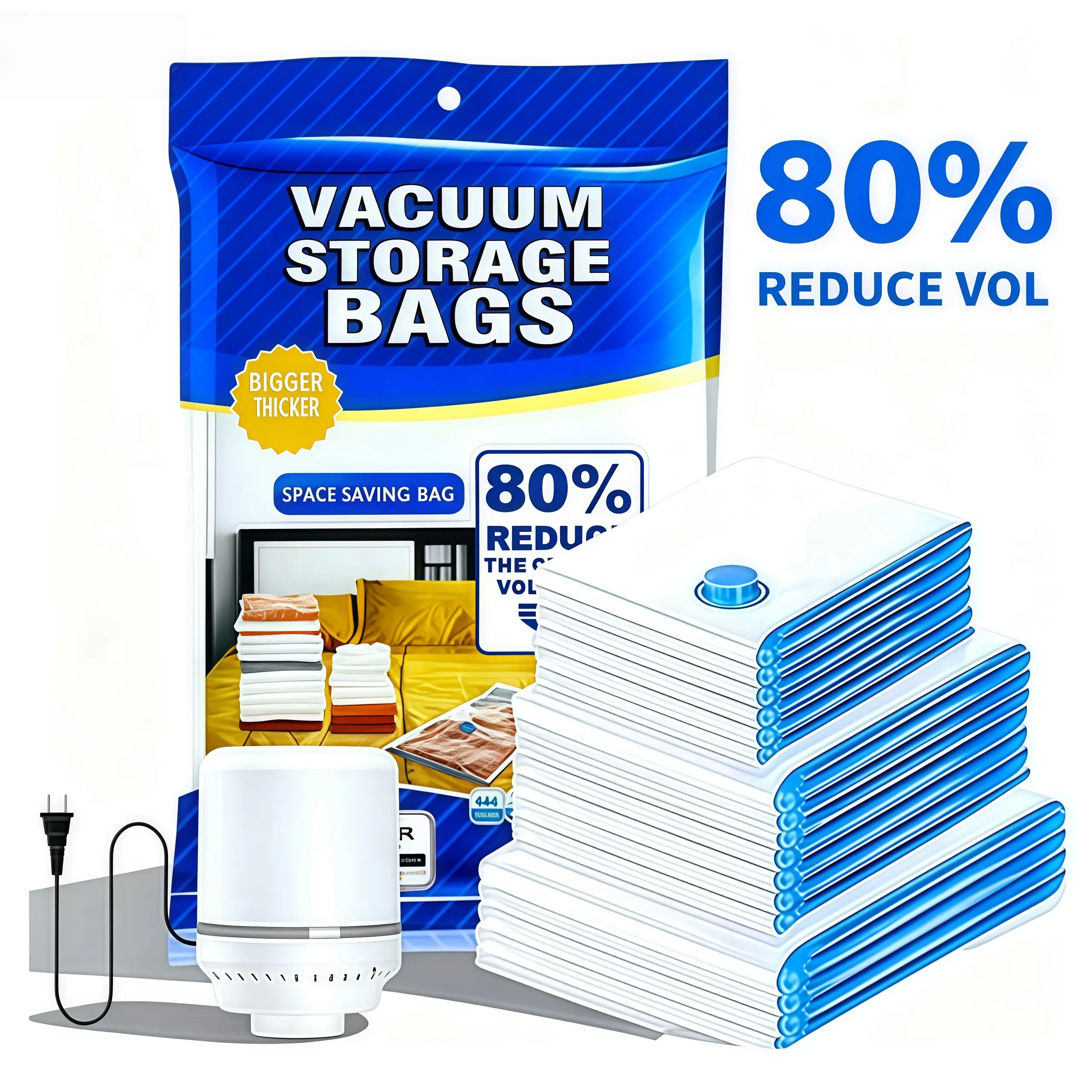 12 Pack Vacuum Storage Bags With Electric Air Pump, Vacuum Seal Bags For Clothing Travel, Space Saver Bags For Luggage, Blankets, Bedding, Moving bags Water Proof Set