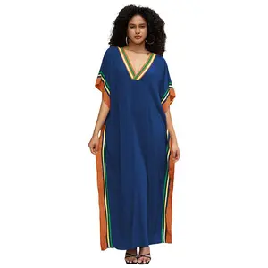 Plus Size Mumu Dresses for Women - Boho Batwing Sleeve Caftan with Side Slits, Long Moo Moo Nightgown & Beach Cover Up - Dark Blue