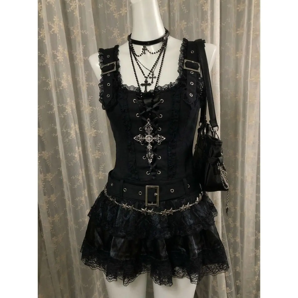 Cross Embellished Corset Top & Tiered Lace Skirt Set Gothic Sleeveless Dark Alternative Outfit