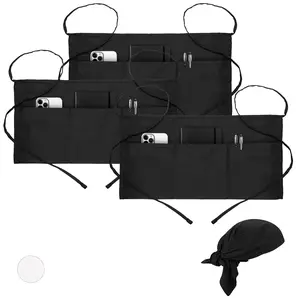 Batex 3 Pack Cotton Server Apron with 3 Large Pockets and Chef Bandana, Comfortable Waist Apron for Waitress and Waiters, Kitchen Half Apron for Women