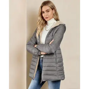 Women’s stylish short puffer coat—warm cotton-padded jacket with sherpa–lined hood for trendy winter looks