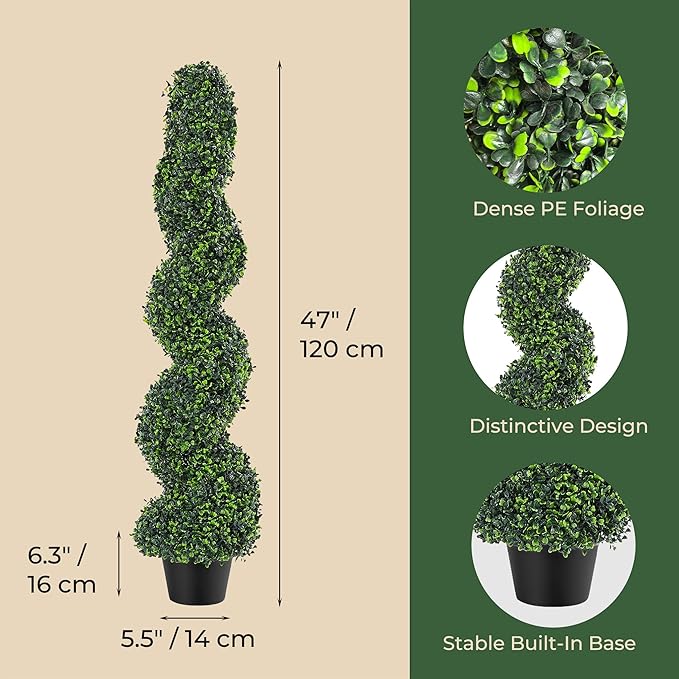 4FT Artificial Boxwood Spiral Topiary Trees Set of 2, UV Resistant Faux Evergreen Topiary Plants in Pots, Outdoor Indoor Decorative Fake Boxwood Shrubs for Front Porch, Patio, Garden, Home Decor
