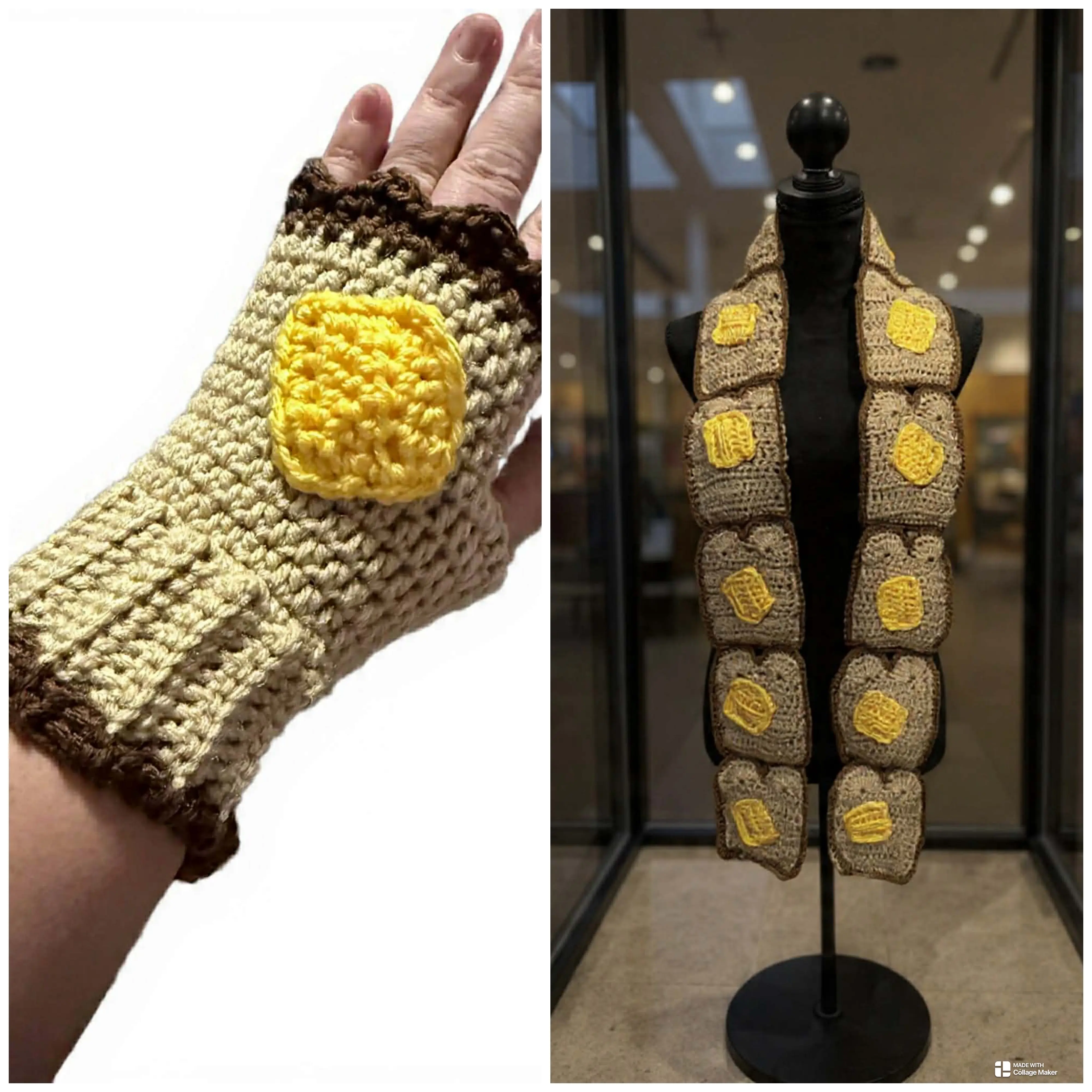 Hand crochet Toast w/ Butter Scarf and Fingerless Glove Set