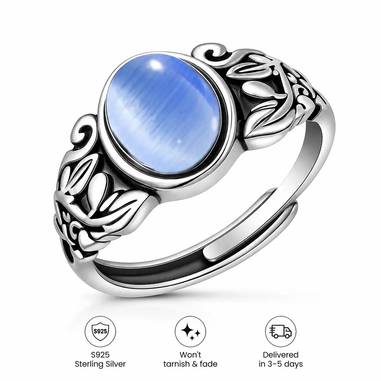 925 Sterling Silver Blue Cat’s Eye Statement Ring for Women, Vintage Adjustable Gemstone Open Ring, Boho Nature Inspired Floral Ring, Elegant Everyday Jewelry Gift for Wife Girlfriend Daughter Sister Mom, Birthday Anniversary Holiday Gift