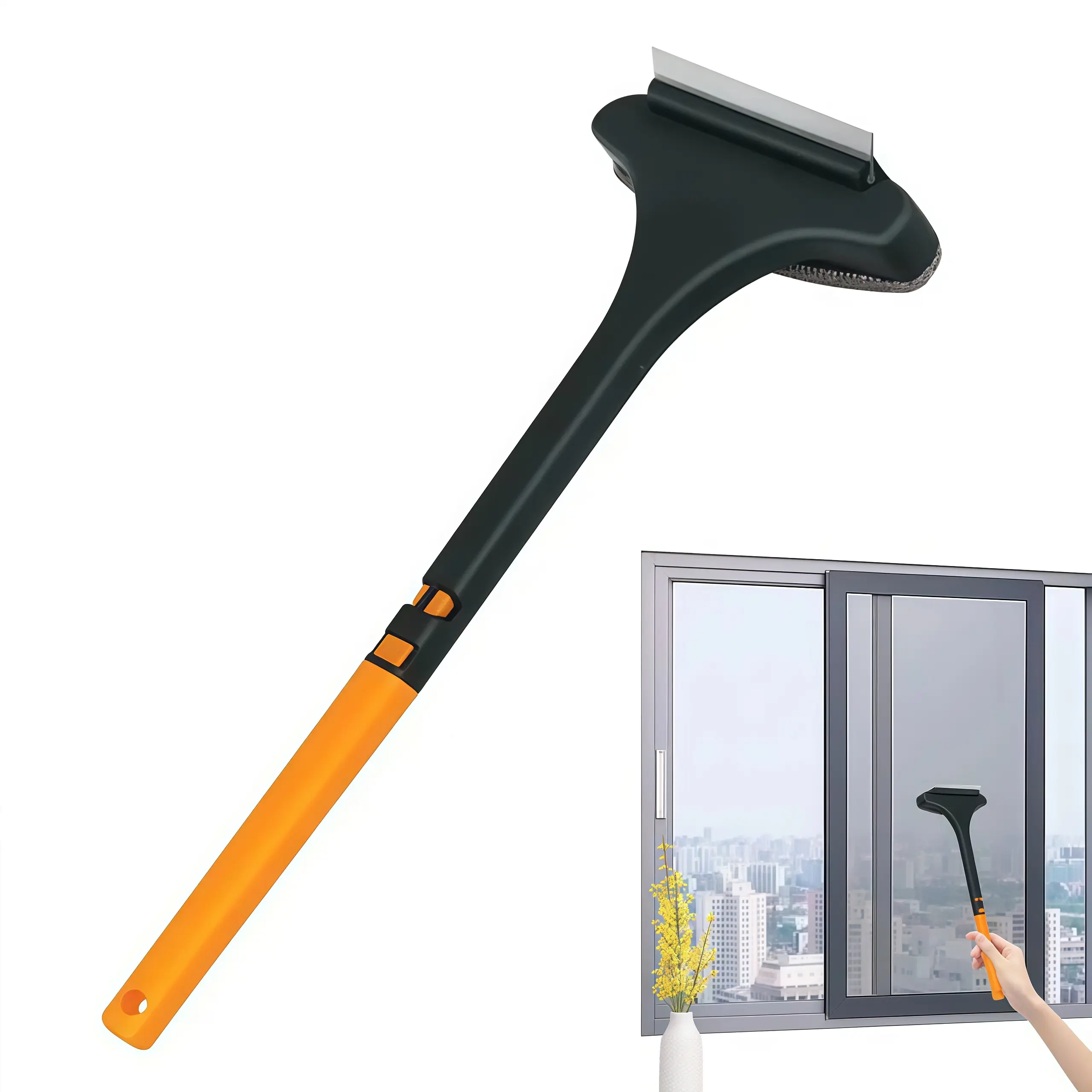 2 long handled window scrapers, adjustable long handle, durable plastic material, microfiber brush head, lightweight design, ergonomic grip, anti slip handle, household cleaning products, glass cleaning tools, multifunctional household tools