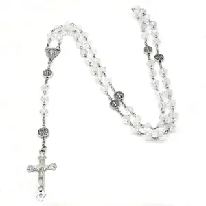Colorful Crystal Beads Rosary Necklaces Cross Pendant Catholic Religious Necklaces for Men Women Jewelry Gift Long Chain
