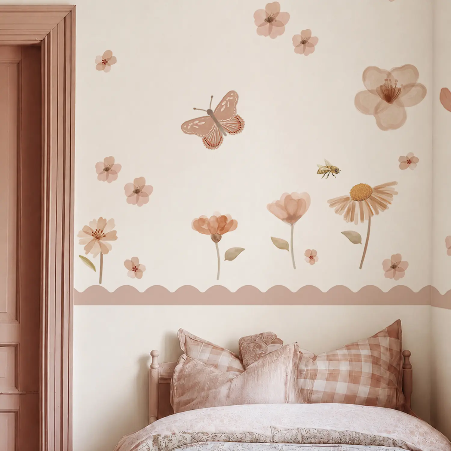 Pink Floral Butterfly Wall Decal Set, Peel and Stick Watercolor Flower Wall Stickers with Scalloped Border, Removable Self Adhesive Accent Wall Decor for Bedroom, Reading Nook, Vanity Area & Apartment