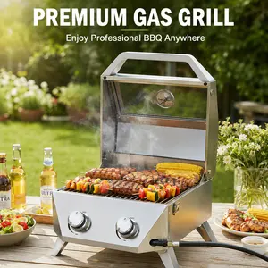 BESTFIRE 20K BTU 2-Burner Portable Tabletop Gas Grill – Stainless Steel Construction with Viewing Glass Lid, Built-In Thermometer & Easy Push-Button Ignition, Perfect for RV Camping, Tailgating Parties & Backyard Outdoor Cooking