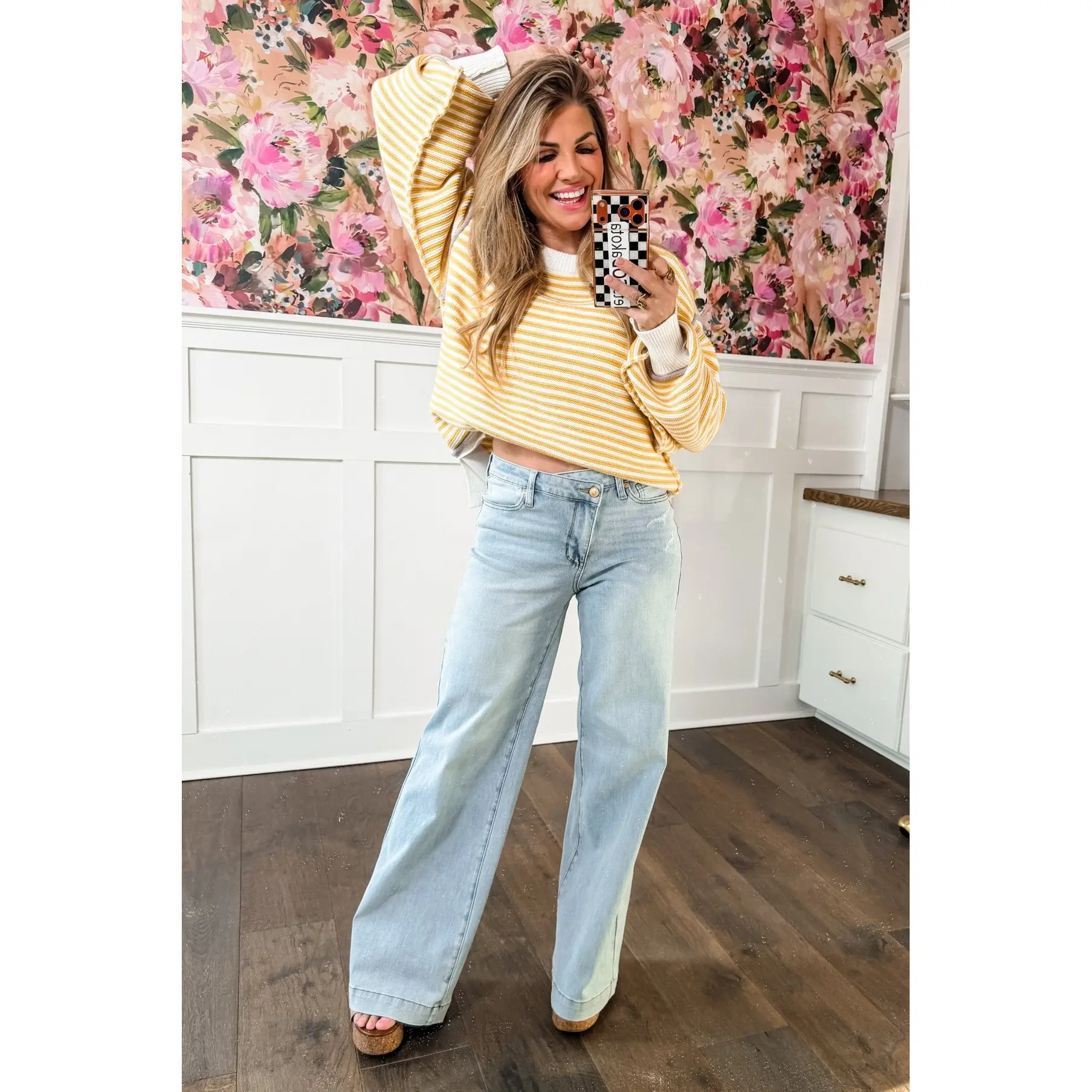 Judy Blue High Rise Light Wash Distressed Criss Cross Waistband Retro Wide Leg Jeans