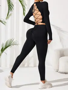 Women's Solid Long Sleeve Crop Top & Leggings Sports Set, Sporty Casual Comfy Breathable Outfits for Yoga Gym Workout Running, Ladies Sportswear for Spring & Fall, Sporty Style Outfits