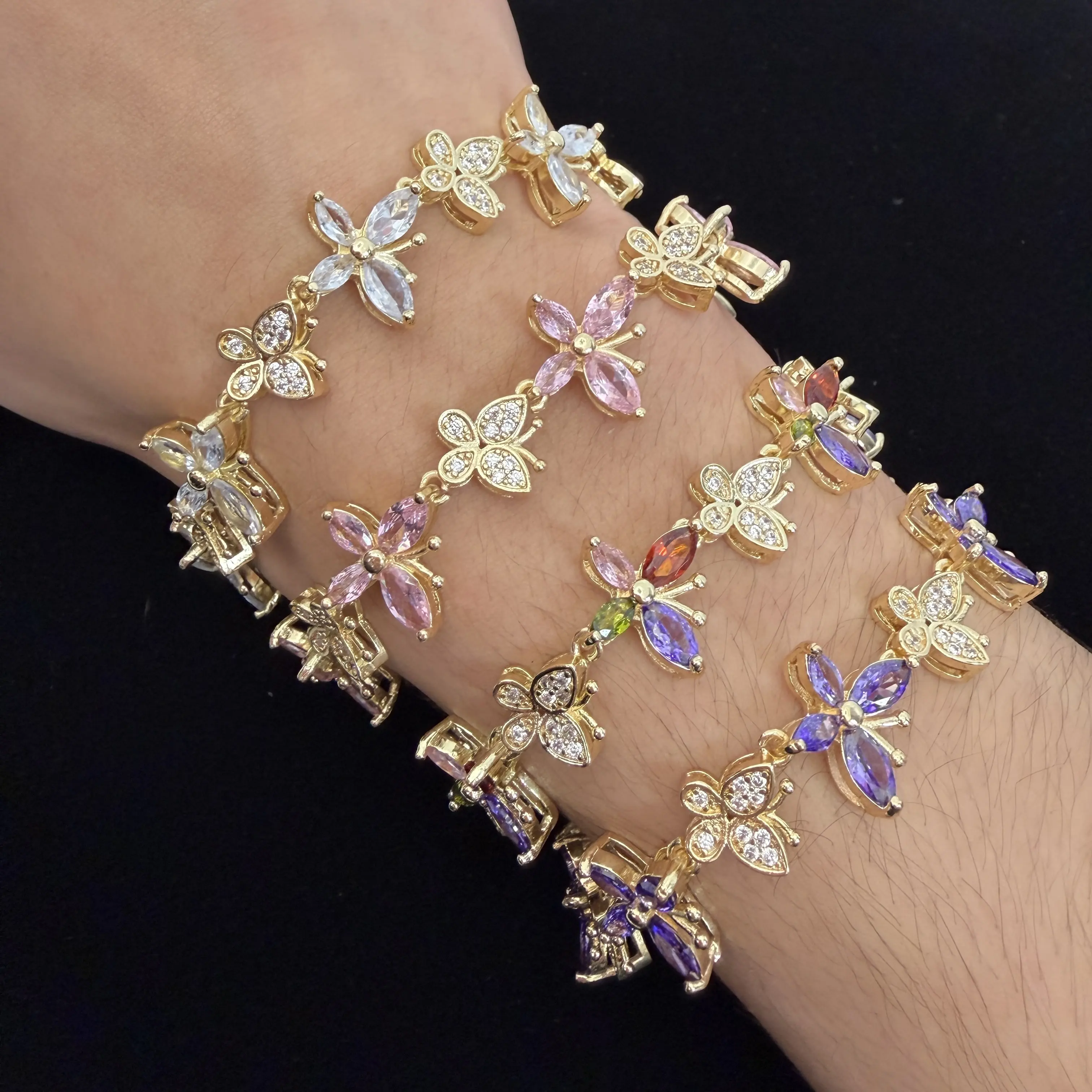 14K Gold Plated Butterfly Flower Bracelet CZ- Adjustable, High Quality Dainty Gold Stack for Bracelets Jewelry