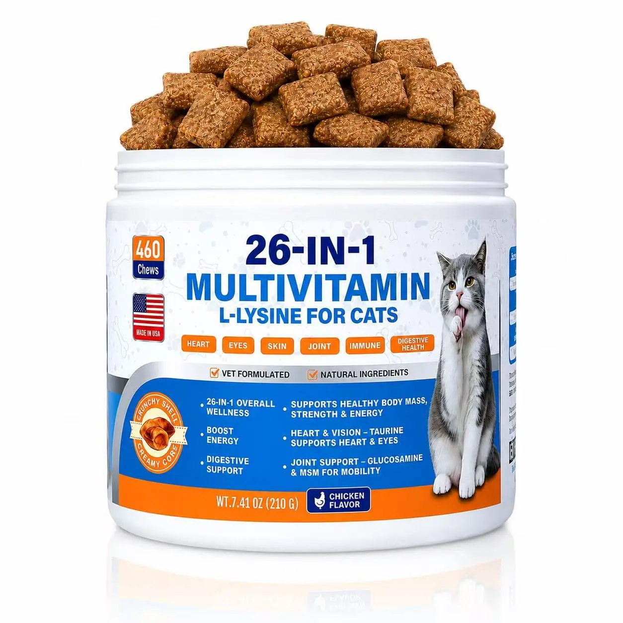 Cat Multivitamin Chews 26-in-1 Lysine & Taurine for Cats with Turmeric, MSM, Glucosamine & Omega, Support Immune, Skin, Joint, Heart, Eyes, Cat Vitamis and Supplements for All Ages & Breeds, Chicken Flavor, 460 Count
