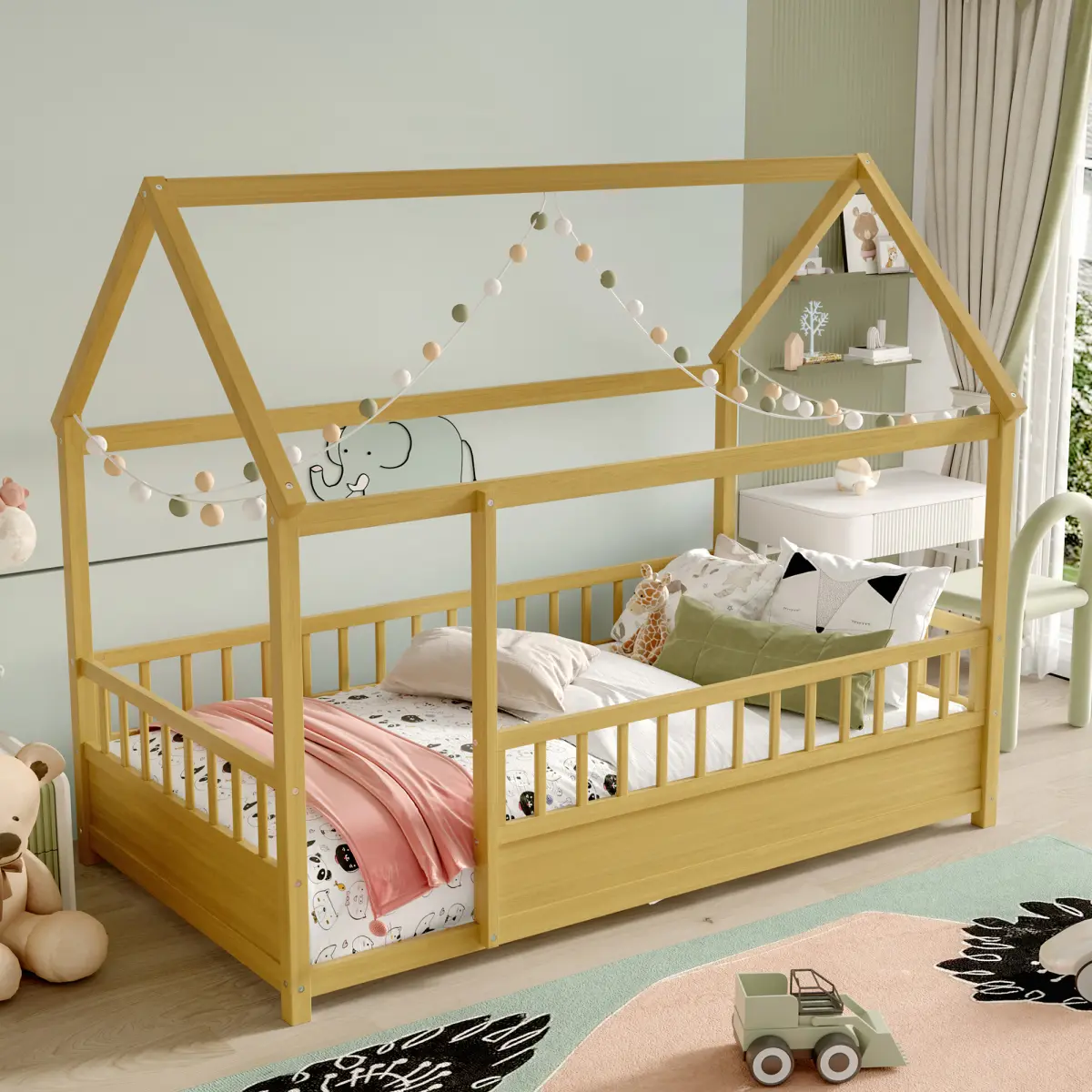 Twin Size Floor Bed Wooden Bed with House Roof Frame, Fence Guardrails