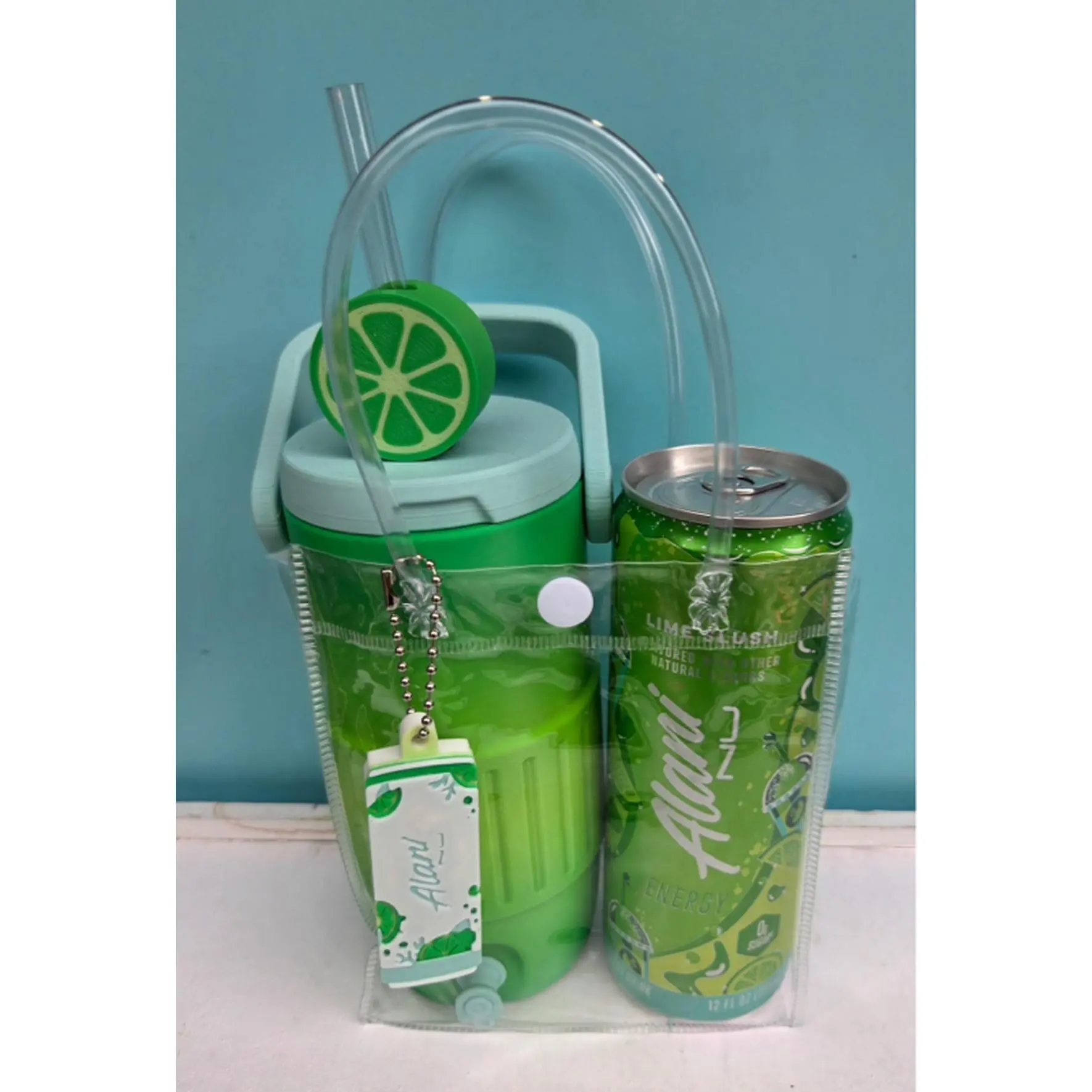 Lime Slush Can Cooler Holder Gift Set with Straw Topper and Can Tab Opener - Perfect for Refreshing Drinks