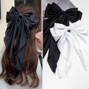 2 PCS Ribbon Bow Hair Accessories, Oversized Long-tail Cute Aesthetic Hair Decorations, Large Hair Barrettes, Black and White