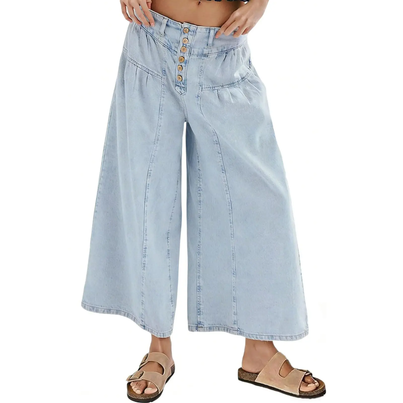 Chouyatou Women's Loose-Fit Flared Wide-Leg Jeans Elastic-waist cropped jeans with pockets