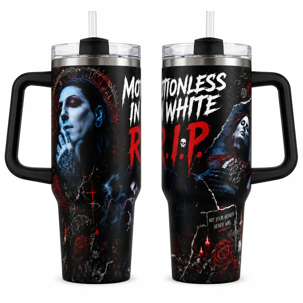 M0ti0nless ln Whlte R.I.P. Printed Tumbler - 30oz/40oz With Handle, Dark Gothic Rock Band Fan Cup With Red Black Rose Artwork, Metal Music Travel Drinkware Gift (Straw Not Included)