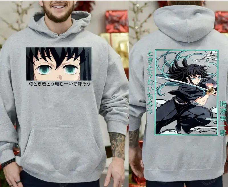 Casual Harajuku Streetwear Long Sleeves Clothes Muichiro Tokito Anime Hoodie For Men Women Demon Slayer Manga Pullover Menswear Sweatshirts Tops Gamis Operator Bestie Crewneck Graphic White