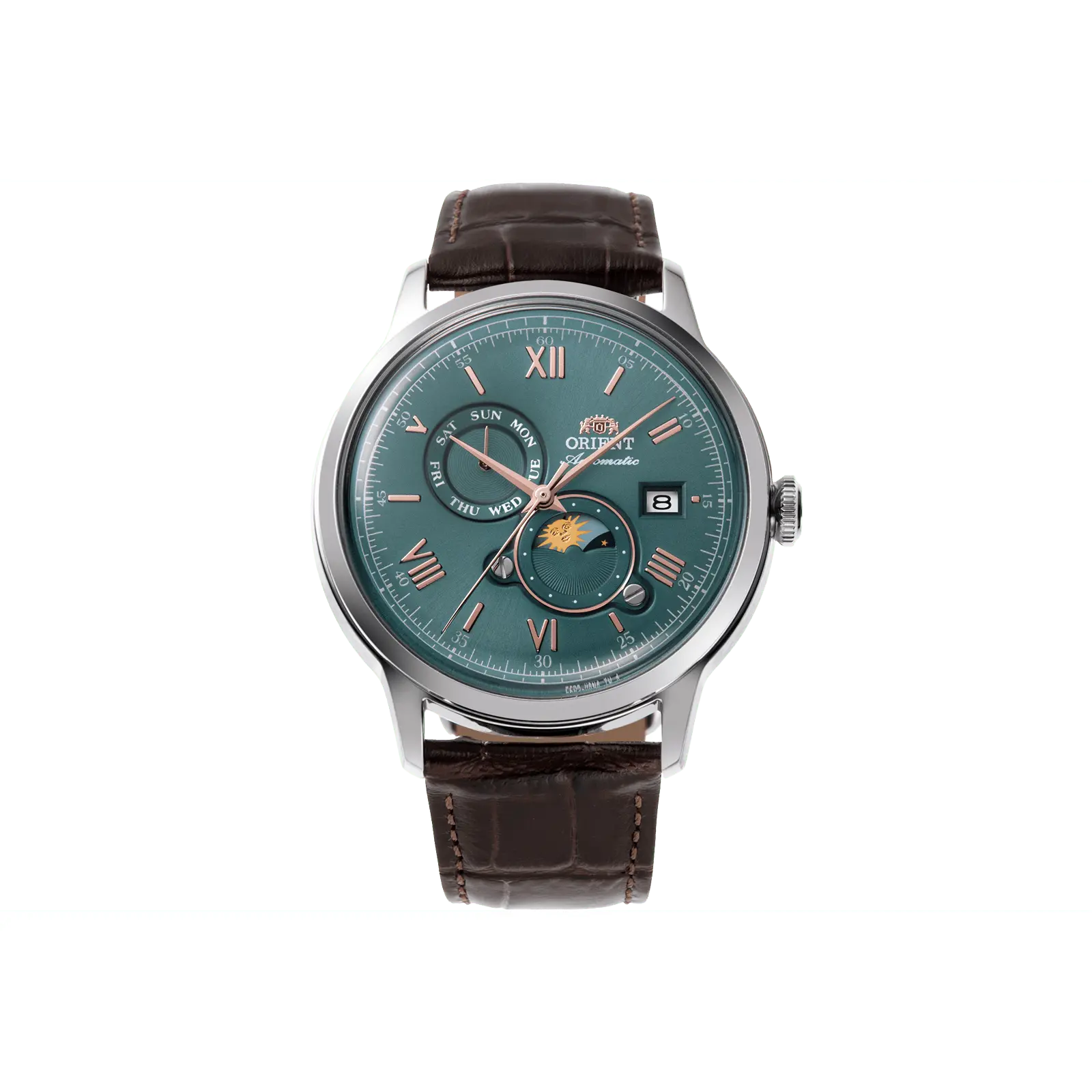 Orient Bambino Men's Automatic Mechanical Dress Watch with Green Analog Dial, Domed Mineral Glass, 41.5mm Stainless Steel Case, and Brown Leather Buckled Strap, Round Analog Dial, Analog Watches, Automatic Watches