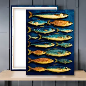 1pc Wooden Framed, Blue and Gold Fish Poster, Animal Design, Abstract Fish Wall Art Canvas Painting, Minimal Art, Mediterranean Print, Relaxing Home Décor, Nautical Wall Art, Modern Home Decoration